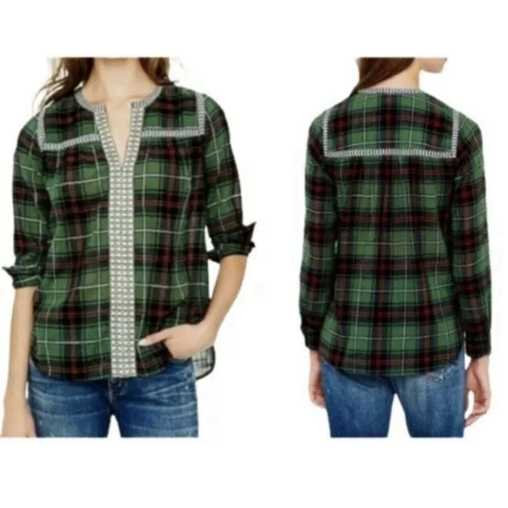J. Crew Factory Green Plaid Embroidered Popover Blouse